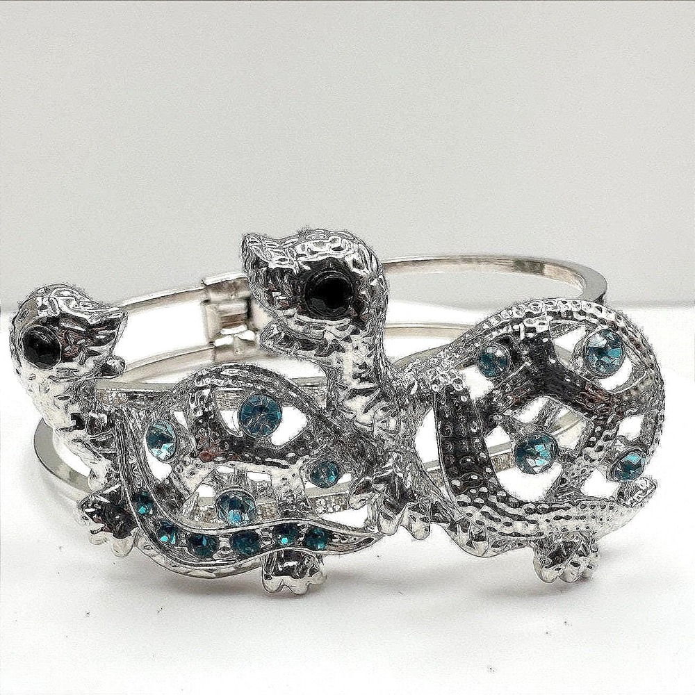 Vintage 90s Silver Tone‎ Lizard Gecko Bracelet Blue Rhinestone Women's Jewelry